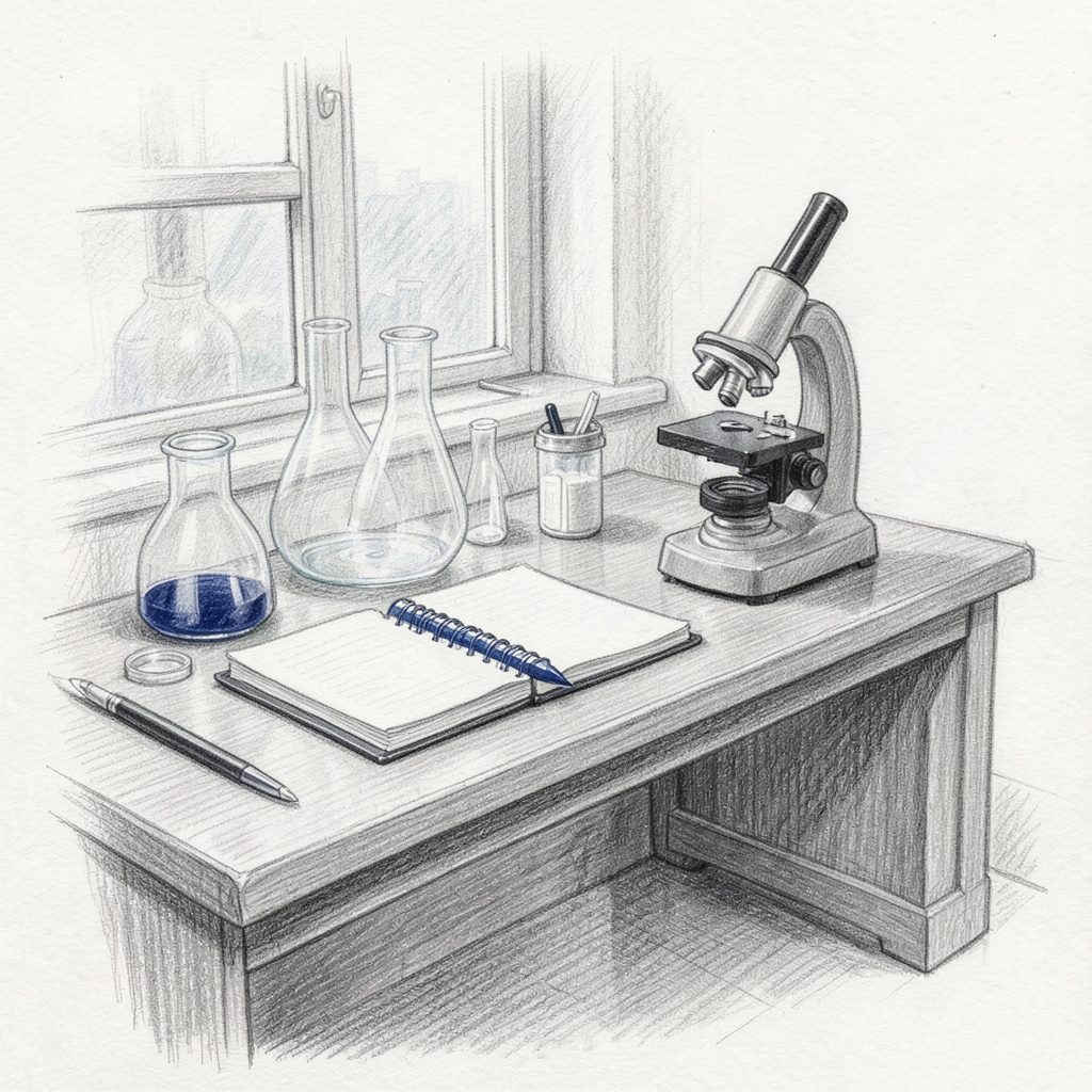 A graphite pencil sketch of a laboratory workspace with glassware, notebooks, and a microscope on a sturdy bench, soft gray shading and warm paper tones.